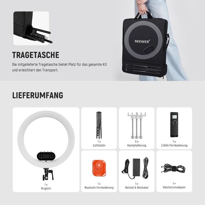 NEEWER Комплект кільцевого світла для фото та відео: 48 см, 52 Вт, регульоване LED, штатив, Bluetooth, для смартфона, YouTube, селфі (RH100B)
