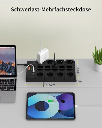 Многорозетка на 18 розеток з USB (4 USB-A, 2 USB-C), мережевий фільтр, 3680W, 2100J, 2 м кабель, для офісу та дому