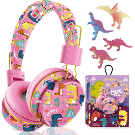 Дитячі навушники JYPS для школи та планшета (3-10 років) з мікрофоном (рожевий динозавр)
