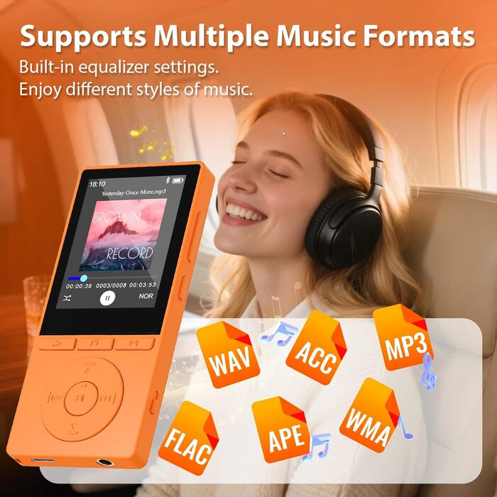 MP3 плеєр 64GB Bluetooth 5.3 з динаміком, HiFi звук, диктофон, E-book, підтримка TF карти 128GB (Помаранчевий)