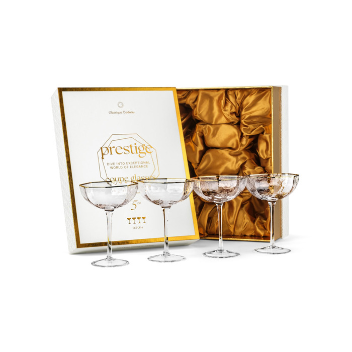 Набір з 4 склянок GLASSIQUE CADEAU Prestige для Еспресо Мартіні, дайкірі, коктейлів та шампанського. 150 мл, з золотим обідком, грановані, з довгим ніжкою.