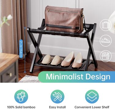 SMIBUY Luggage Rack, Foldable Bamboo Suitcase Stand with Storage Shelves for Guest Room, Bedroom, Hotel, Heavy Duty (Black)