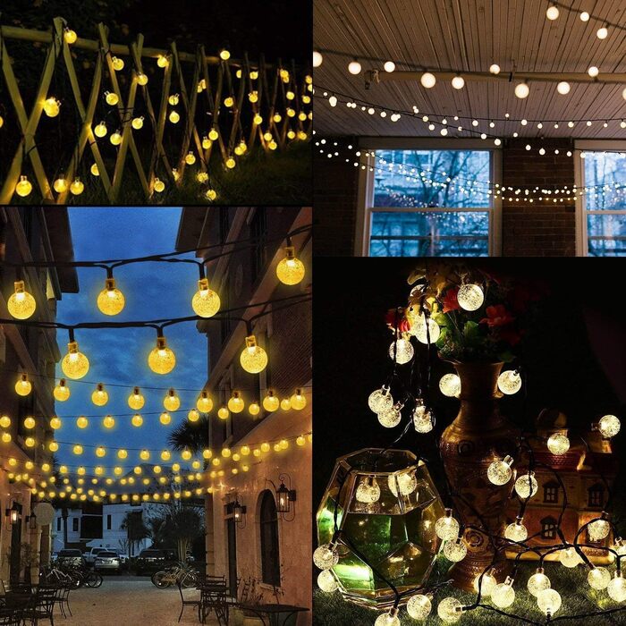 Світлодіодна гірлянда сонячна зовнішня 50 LED, 7.6 м, 8 режимів, кришталеві кулі, вологостійка, для саду, дерев, тераси, Різдва, весіль, свят (тепле біле світло)