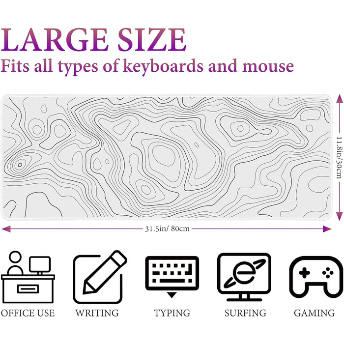 HAUTOCO Килимок для миші ігровий XXL 800x300 мм, чорний з топографічною сіткою, антиковзаюча гума, для комп'ютера, покращена швидкість та точність