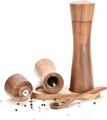 figg Salt and Pepper Grinder Wood Large (20 cm) - Set - Spice Grinder with Ceramic Grinder including Wooden Spoon and Wooden Coaster - Suitable as Pepper and Salt Grinder