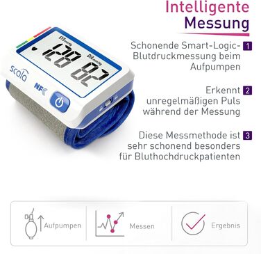 Тонометр на зап'ястя Scala SC 6027 NFC - точний вимірювач артеріального тиску з індикатором ВООЗ, 85 місць пам'яті, Fuzzy Logic, з коробкою та батарейками, манжета 13,5-19,5 см