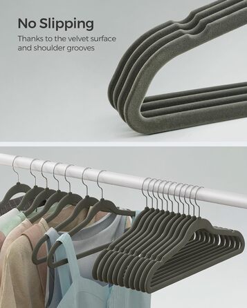 SONGMICS Плечики для одягу з оксамиту, 20 шт., для сорочок, жакеток, костюмів, 41.5 см, обертовий гачок, сірий