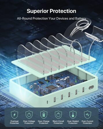 Зарядна станція SooPii USB 60W/12A, 6 портів, органайзер для декількох пристроїв з тримачем для Apple Watch, 6 кабелів для телефонів, планшетів та інших електронних пристроїв. Зелена