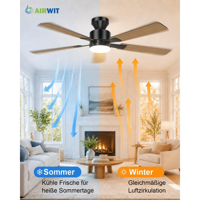 Стельовий вентилятор Airwit з підсвічуванням 132 см, пульт, 6 швидкостей, LED лампа, диммер, для спальні, вітальні, тераси, колір: темне дерево/чорний