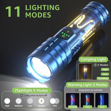 Потужний LED ліхтар 1000000 люмен: ліхтар з підзарядкою, збільшенням, 11 режимів, водонепроникний тактичний ліхтар для кемпінгу, відпочинку на природі, надзвичайних ситуацій (Морський колір)