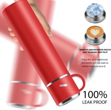 Термос IAGORYUE з нержавіючої сталі, 0.55л, з виливним кришкою та ручкою, подвійні стінки, зберігає тепло/холод до 12 годин, для спорту, офісу, відпочинку на природі (червоний)