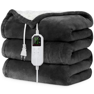 Електрична ковдра Netraty з автовимкненням 130x180 см, 8 режимів нагріву, таймер 1-12 годин, захист від перегріву, пральна машина, фланель-шерпа, сіра для дому та офісу