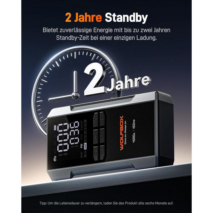 WOLFBOX 4000A: Портативний пусковий пристрій з компресором 160PSI, 12V, 65W, 88.8Wh для бензинових/дизельних двигунів, LED-ліхтар, кабелі для підключення