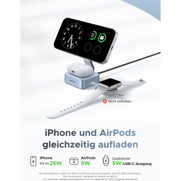 Зарядний пристрій UGREEN MagFlow 2-в-1 MagSafe 25W з підтримкою Qi2, нахильний 70°, для iPhone 16/17, AirPods та Pixel 10 Pro XL, з кабелем 1м