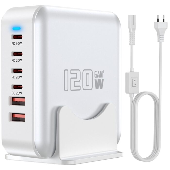 Швидкий зарядний пристрій USB-C GaN Hub 120W, 6 портів для iPad, iPhone 17/16/15/14/13/12 Pro Max, Samsung Galaxy S23 - Білий