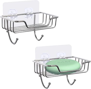 Тримач для мила без свердління Uten, нержавіюча сталь, самоклеючий, з 2 гачками, для душу, ванної, кухні (сріблястий, 2 шт.)