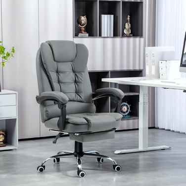 HOMCOM Chef Office Chair with Footrest, Reclining Desk Chair, Height-Adjustable Computer Chair with Armrests, Swivel Chair for Office, Faux Leather, Grey | Aosom