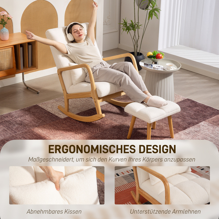 HOMCOM Rocking Chair with Ottoman, Rocking Chair with Fleece Cover, Armrests, High Back, Wooden Sleigh Runners, Padded Swivel Chair, Relax Chair, Accent Chair for Living Room, Bedroom White | Aosom