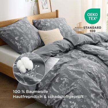 BEDSURE Комплект постільної білизни 135x200, бавовна, 4-х частинний, сірий, з квітами, на блискавці, ÖKO-TEX, з двома наволочками 80x80 см