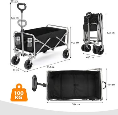 Візок складаний Bonnlo Bollerwagen 100 кг, оксфорд 600D, чорний - для кемпінгу, покупок, саду