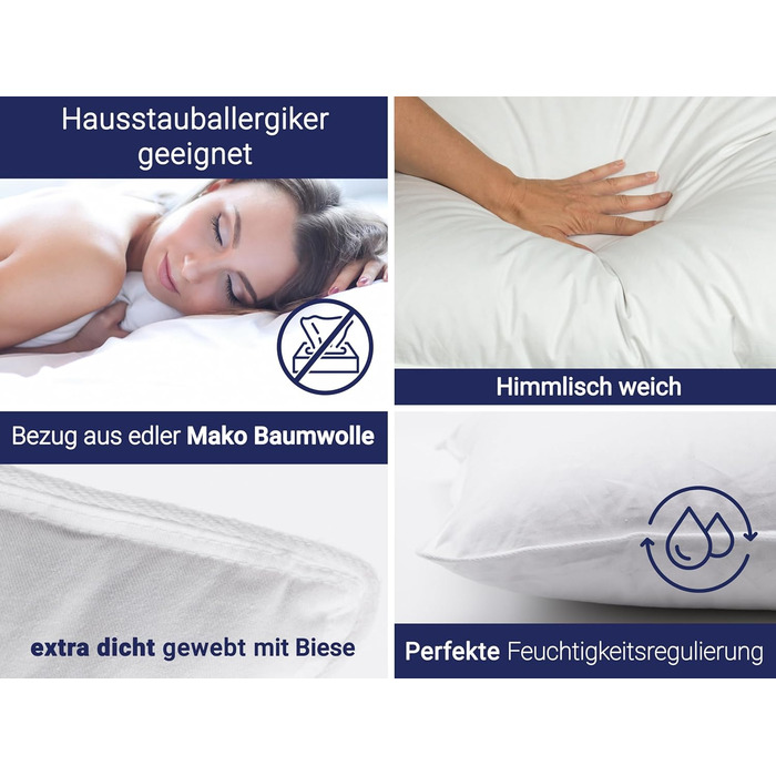 ZOLLNER 2-Pack Deluxe Down Pillow - Made in Germany – Suitable for allergy sufferers – Cover made of high-quality Mako cotton - washable up to 60°C - 60x80 cm - Hotel quality 60 x 80 cm 2-pack