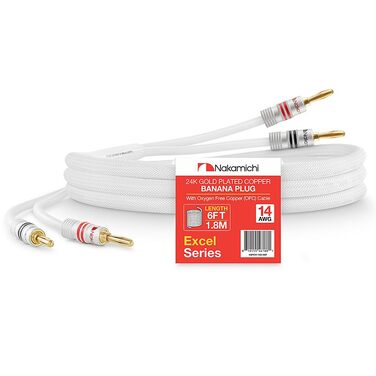 Акустичний кабель Nakamichi 12AWG (3м) з позолоченими банановими роз'ємами 24K, безкиснева мідь OFC, у міцній обплетеній ізоляції для домашнього кінотеатру та підсилювача, чорний
