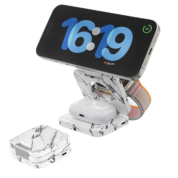 Зарядна станція KU XIU X55 Turbo Qi2.2 25W Magsafe 3-в-1 для Apple Watch, iPhone 17-12 та AirPods (білий мармур) з адаптером 45W