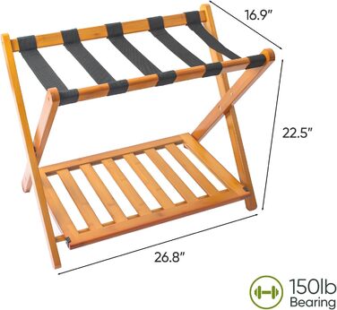 Fully assembled bamboo luggage rack with 5 straps, 2-tier foldable suitcase stand, wide wooden luggage rack, foldable luggage shelves, ideal for guest rooms, bedrooms, hotels