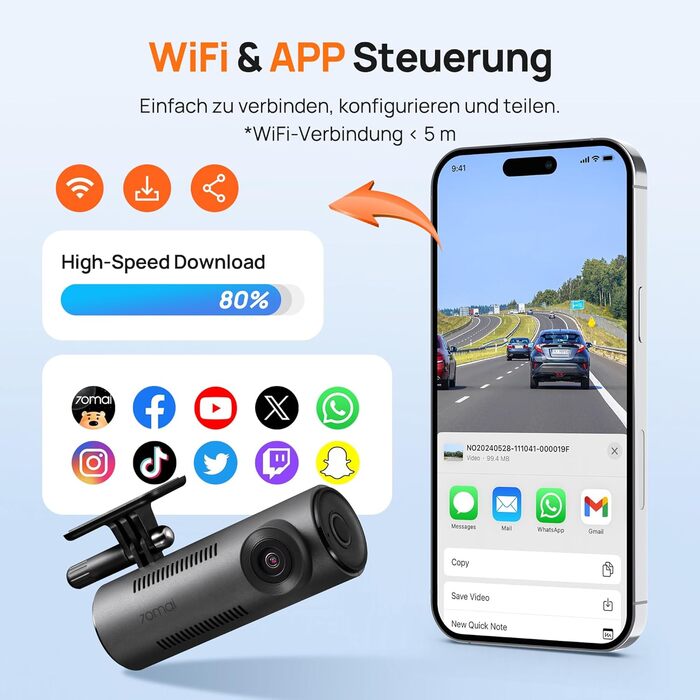 Відеореєстратор 70mai M310 2K WiFi для авто, 1296P WDR, Super Night Vision, 24h парковка, запис по колу, виявлення зіткнень, 256GB