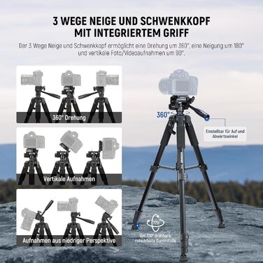 Штатив для камери та смартфона NEEWER Basics (TP55), легкий алюмінієвий туристичний трипод 188 см з 3-позиційною нахильною головкою