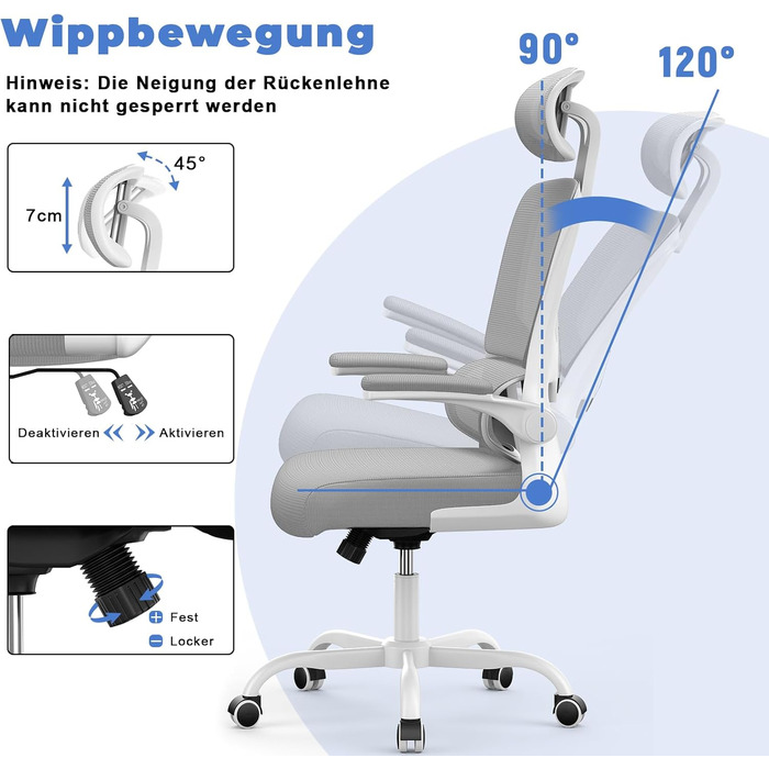 Офісне крісло Naspiro, ергономічне з регульованою підголівником, підлокітниками та підтримкою попереку, поворотне, сітчасте, для дому та офісу, сіре