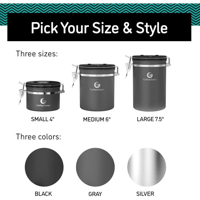 Кавова банка Coffee Gator з CO2 клапаном та дозатором, сірий колір, великий розмір