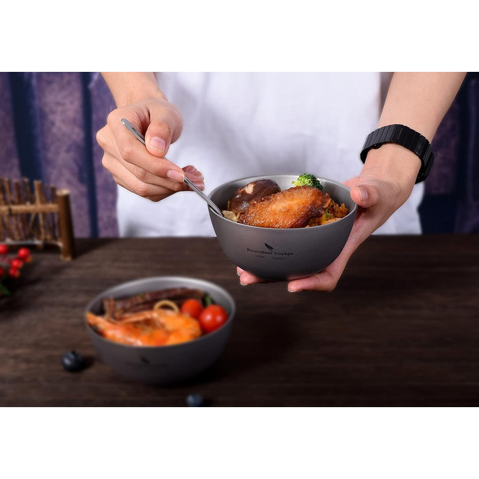 iBasingo Titan Bowl Rice Soup Cup Outdoor Camping Dinnerware 350ml Lightweight Double-Walled Round Bowl Tableware for Travel Hiking Home Ti1094T 350ml -Ti1094t