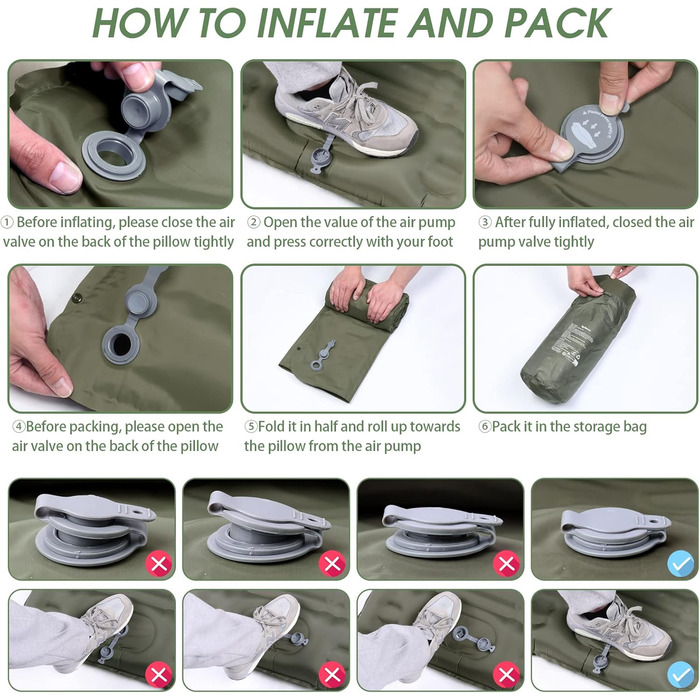 Arlierss Self-Inflating Camping Sleeping Pad with Foot Pump & Pillow - 12cm Thick, Ripstop, Portable, Outdoor, Hiking, Travel, Beach - Army Green