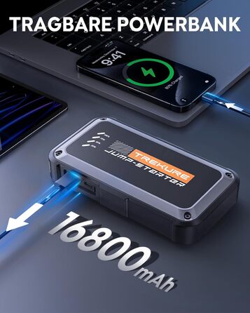 Powerbank Starthilfe TREKURE 4000A для автомобіля: 9.0L бензин/8.5L дизель, LED ліхтарик