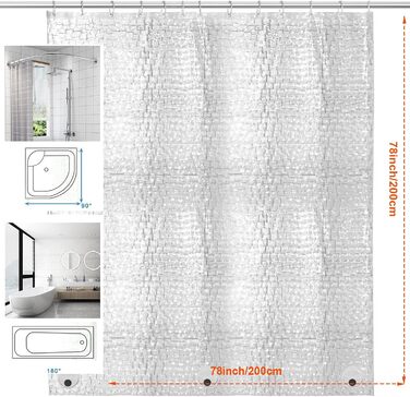 Шторка для душу AiQInu 180x200 см, 3D Eva, прозора, антигрибкова, водовідштовхувальна, для ванної кімнати, з 12 гачками