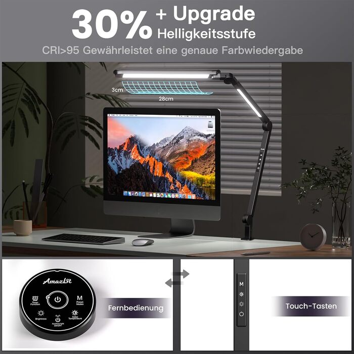 AmazLit Adjustable LED Desk Lamp with Dual Light Source - 12W/16W Dimmable Architect Lamp with Remote Control & Clamp