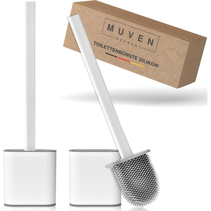 Силіконова щітка для унітазу MUVEN® з плоскою та гнучкою насадкою, швидковисихаючий тримач та гумові виступи - щітка для унітазу на стіну без свердління (білий, матовий)