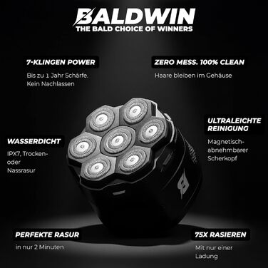 Бритва для гоління голови BALDWIN 7D з магнітною голівкою для чоловіків | Електробритва для лисих | Бритва для голови, сухе та вологе гоління, водонепроникна