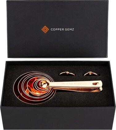 Copper and stainless steel measuring cups and spoons, copper-plated, high-quality stainless steel. Satin + high gloss polished. US + metric measurements. Kitchen gift under $30. From Copper Gemz Gift Box Packaging copper.