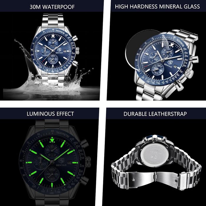 Годинник чоловічий BENYAR з хронографом, кварцовий, водостійкий 30M, з датою, для активного відпочинку, спортивний, шкіряний (блакитний)