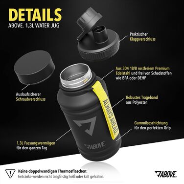 Металева пляшка для води 1.3 л, нержавіюча сталь, BPA-free, герметична, спортивна, для фітнесу та активного відпочинку, чорна, подарункова упаковка