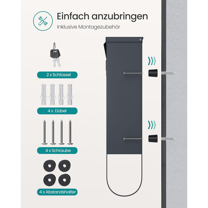 Поштова скринька SONGMICS з замком, оглядовим вікном та відділенням для газет, антрацит, 30.8x33.8x10 см (GMB20AG)