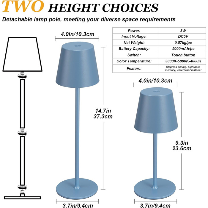 Набір з 2-х бездротових настільних LED світильників з акумулятором, сенсорне регулювання яскравості, 3 режими кольору, USB-C зарядка для спальні, обіднього столу, кемпінгу (Чорний)