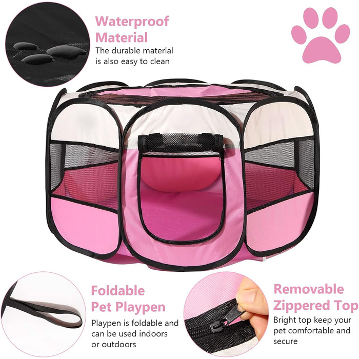 Клітка-загон для собак та котів 73x73x43 см, рожева, портативна, для внутрішнього та зовнішнього використання