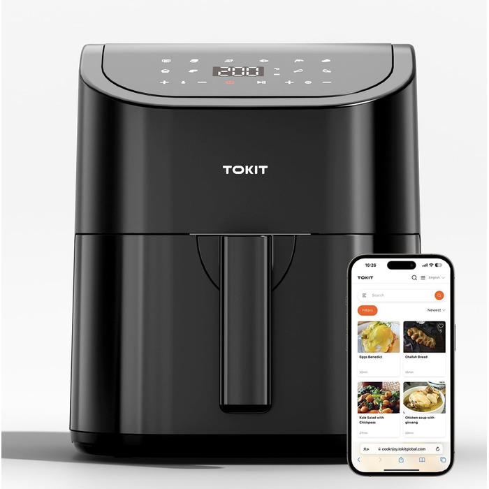 TOKIT Фритюрниця повітряна 1500W, 4.5L, 10 функцій, 360° циркуляція, низький вміст жиру, швидка приготування, компактна (чорний)