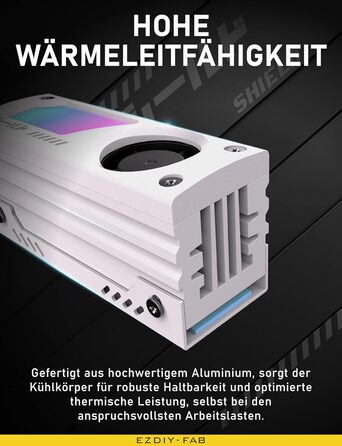 Охолоджувач SSD M.2 EZDIY-FAB Shield ARGB з 20мм вентилятором PWM, преміум-алюмінієвий дизайн, підтримка ARGB 5V 3-Pin, для M.2 2280, чорний, 1 шт.