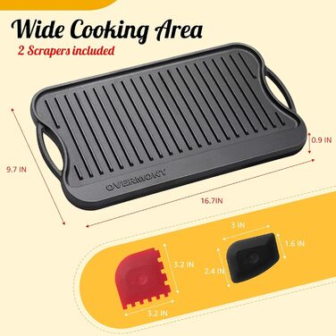 Чавунна двостороння гриль-плита OVERMONT з ручками 43,2×24,9 см для BBQ, духовки, газового та вугільного гриля