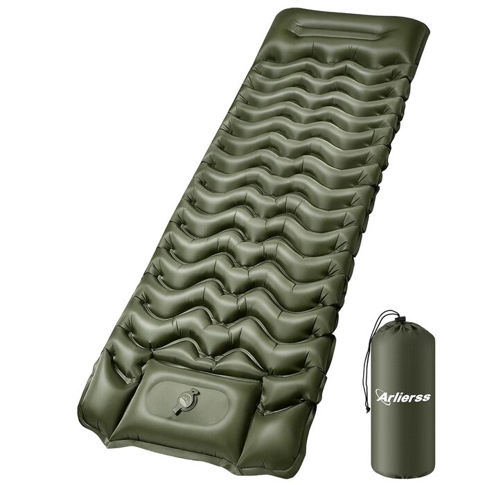 Надувний матрац Isomatte 12 см з насосом та подушкою, армійсько-зелений, для кемпінгу, туризму, пляжу