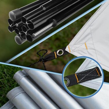 Тент Forceatt Zeltplane 3.7x4.3 м: ультралегкий, водонепроникний, з 6 кріпильними точками. Підходить для кемпінгу, піших прогулянок та відпочинку на природі. Колір: темно-синій & сірий.